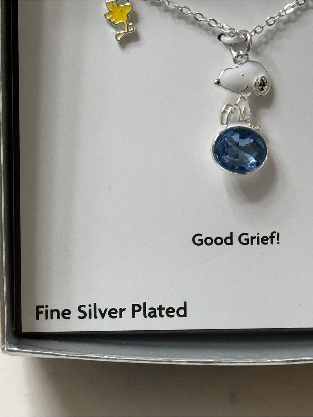 Peanuts Snoopy & Woodstock Fine Silver-Plated Necklace with Blue Crystal - Picture 4 of 5